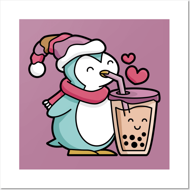 Cute Penguin Sipping Bubble Tea Wall Art by BobaTeaMe